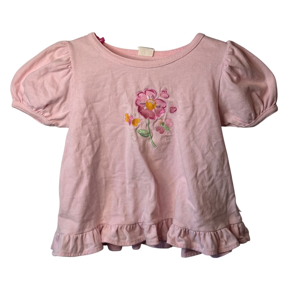 VTG Healthtex Shirt Pink Floral Embroidered Ruffle Hem Puff Sleeve 90s Girls 4T